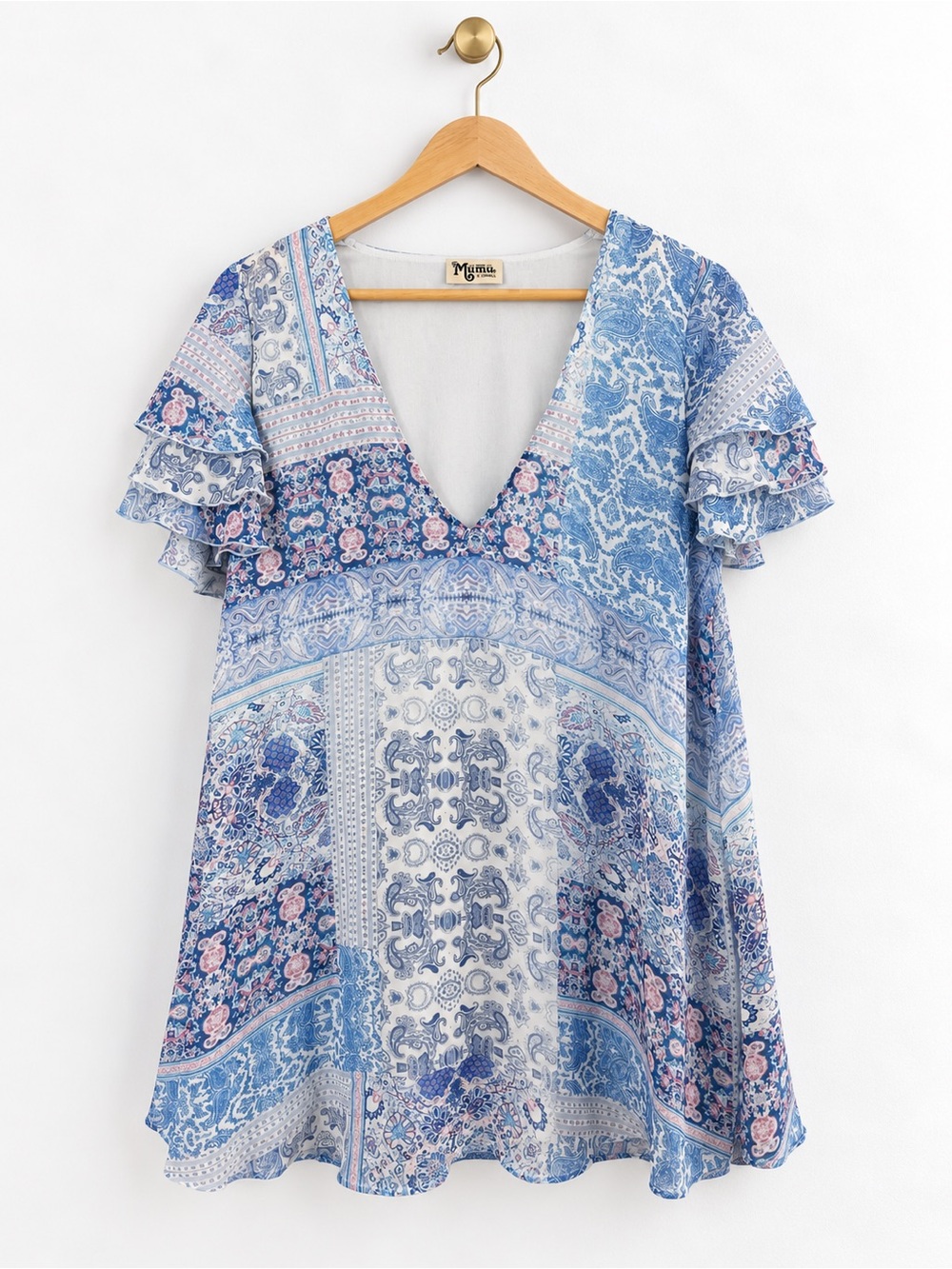 Show Me Your Mumu Blue Paisley Ruffle Mini Dress Beach Cover Up XS